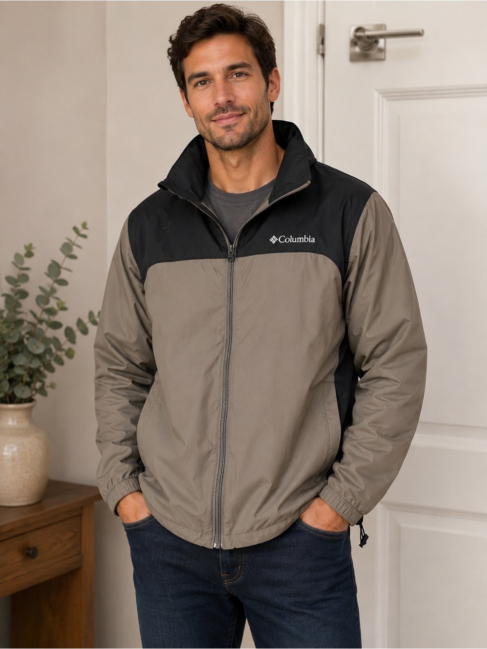 Columbia Men's Two-Tone Windbreaker Jacket — Taupe & Black